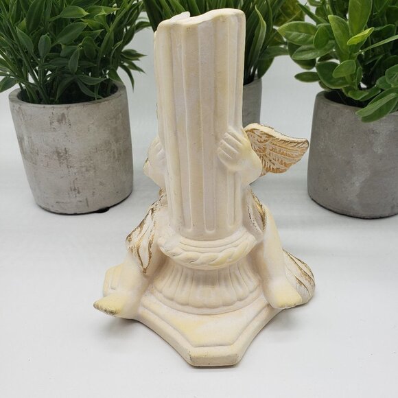 BEIGE White Gold Chalkware Bisque Cherub Candle Stick Holder - Picture 6 of 7